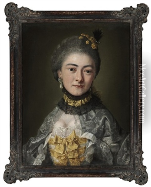 Portrait Of A Lady, Bust-length, In A Grey Dress With Yellow Trim, And Pearl Earrings Oil Painting - George de Marees