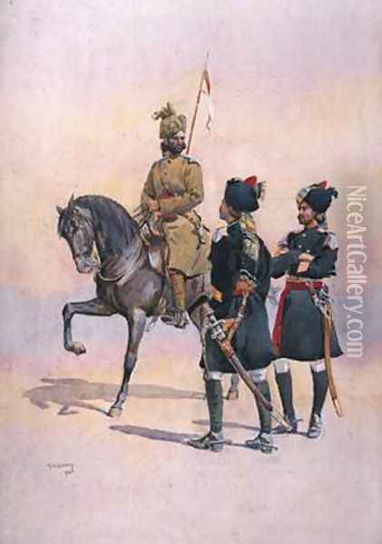 Soldier of the 37th Lancers Baluch Horse Baluch the 36th Jacobs Horse Pathan and the 35th Scinde Horse Kot Daffadar Baluch Oil Painting - Alfred Crowdy Lovett