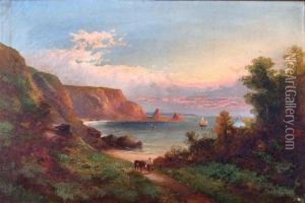 A Lady And Donkey On A Coastal Path In An Extensive Coastal 
Landscape With Fishing Boats On The Water, Probably Torbay, South 
Devon Oil Painting - George Henry Jenkins