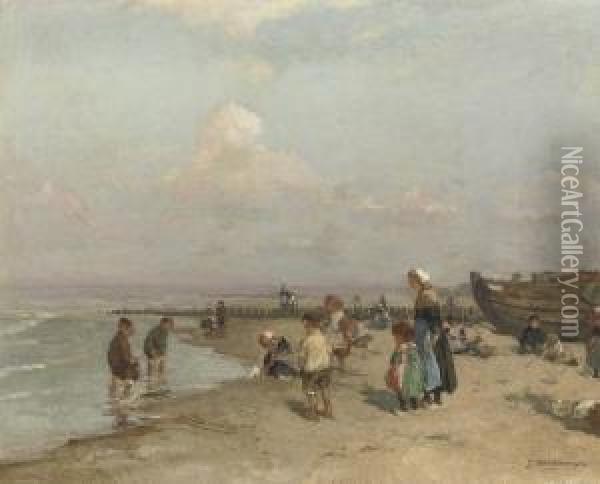 Kinderen Op Het Strand: A Day At The Beach Oil Painting - Johannes Evert Akkeringa