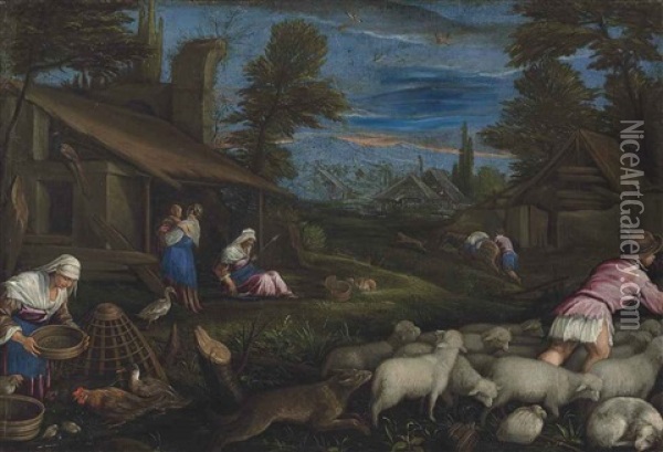 A Shepherd With His Flock And A Woman Feeding Poultry In A Village, With Other Figures Resting By A Cottage Oil Painting - Francesco Bassano the Younger