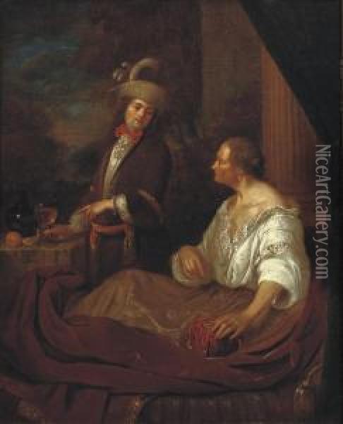 A Gentleman Visiting An Old Lady On A Terrace Oil Painting - Matthijs Naiveu