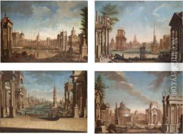 A Capriccio View Of A 
Mediterranean Harbour; A Capriccio View Of A Grassy Piazza With A Series
 Of Imaginary Temples, A Mother And Daughter In The Foreground; A 
Capriccio View Of A Piazza With A Curved Colonnade To The Right And A 
Six Columned Chur Oil Painting - Francesco Battaglioli