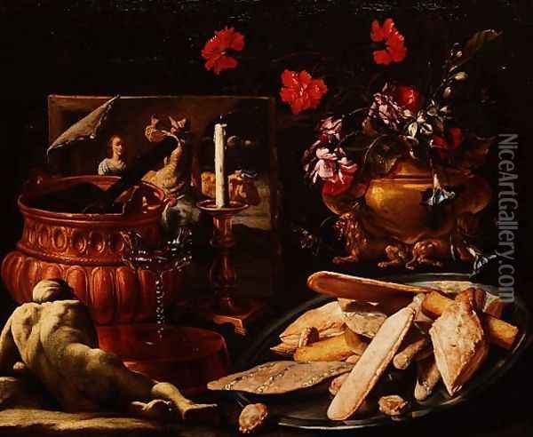 Still Life with Flowers in a Gilt Urn, a Painting and Cakes on a Salver Oil Painting - Giuseppe Recco