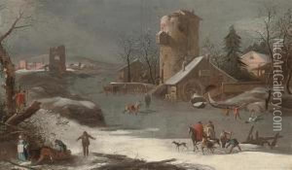 A Winter Landscape With Skaters On A Frozen River And A Townbeyond Oil Painting - Francesco Foschi