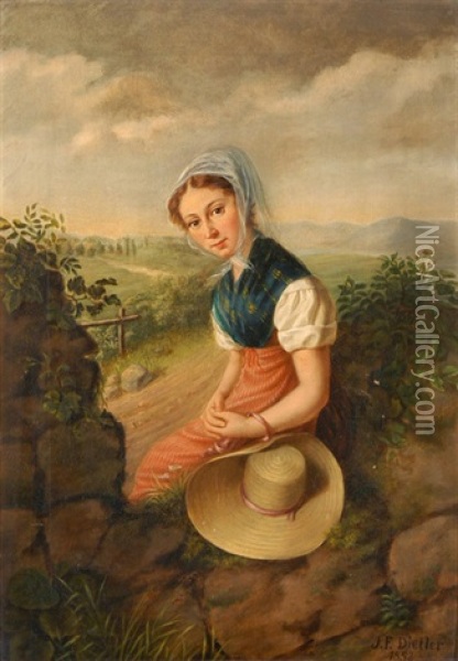 Auf Einer Mauer Sitzende Junge Frau In Tracht Oil Painting - Johann Friedrich Dietler