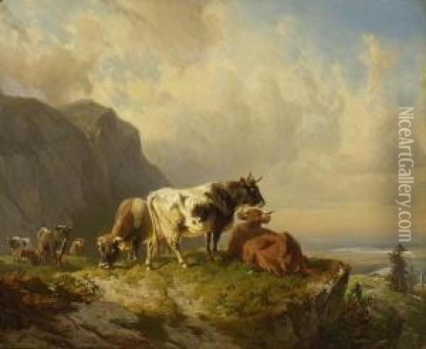 Kuhe Auf Einem
 Felsvorsprung. Oil Painting - Friedrich Johann Voltz