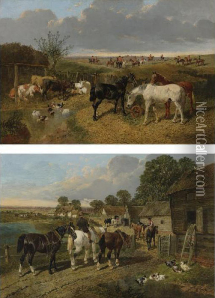 The Passing Hunt And Returning To The Stableyard (a Pair) Oil Painting - John Frederick Herring Snr