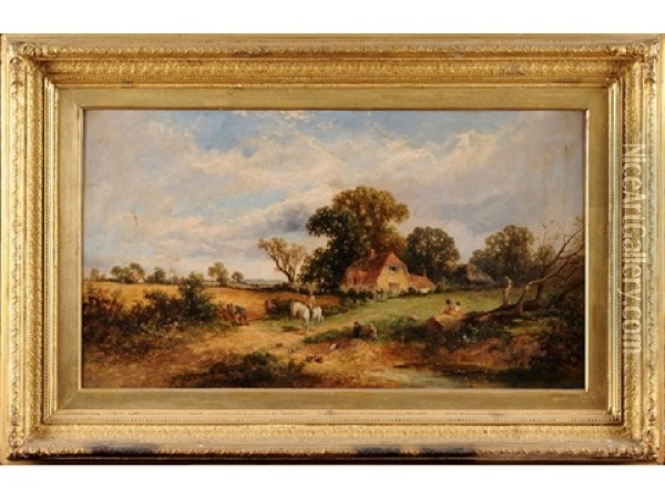 A Rural Scene, Horse And Figures By A Stream, Hay Fields And Cottage Beyond Oil Painting - James E. Meadows