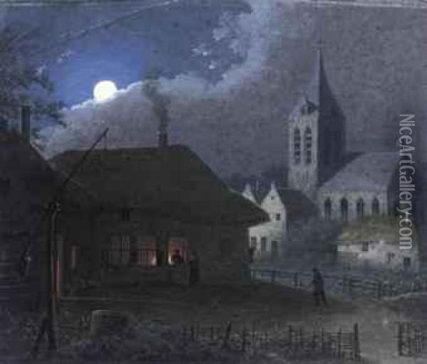 A Small Town With A Church Tower At Nightfall Oil Painting - Martheus Derk Knip