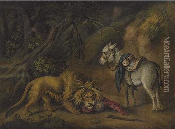 Fable Of A Lion Attacking Traveller Oil Painting - Benjamin Zobel