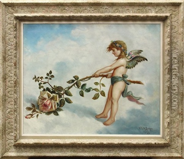 Cherub With Rose Branch Oil Painting - A.D.M. Cooper
