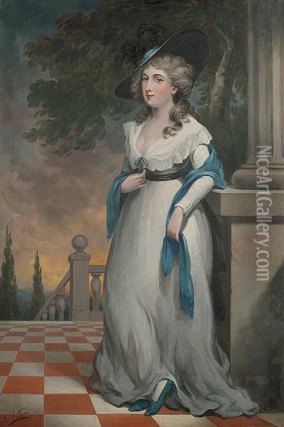 Portrait Of A Lady Full Length, Standing On A Terrace, Holding A Miniature Oil Painting - Thomas Gainsborough