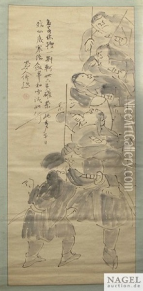 Hangerollen: Die Samurai Von Ako Und Hotei Mit Gluckssack (2 Works) Oil Painting - Murase Taiitsu