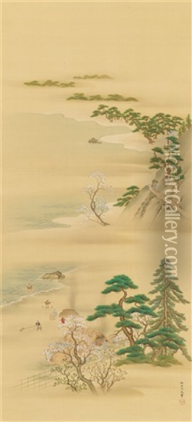 A Pair Of Hanging Scrolls Depicting A Sea Coast With Blossoming Cherry Trees, Salt Gatherers And Salt Burning Huts, And Red Maple Trees, Fishing Boats And Huts Oil Painting - Sumiyoshi Hirotsura