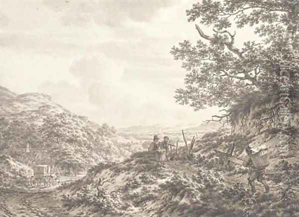 An extensive hilly landscape with figures carrying baskets Oil Painting - Jacob Cats