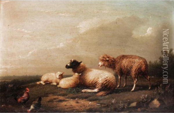Sheep And Chicken; Horse And Goats Oil Painting - Franz van Severdonck