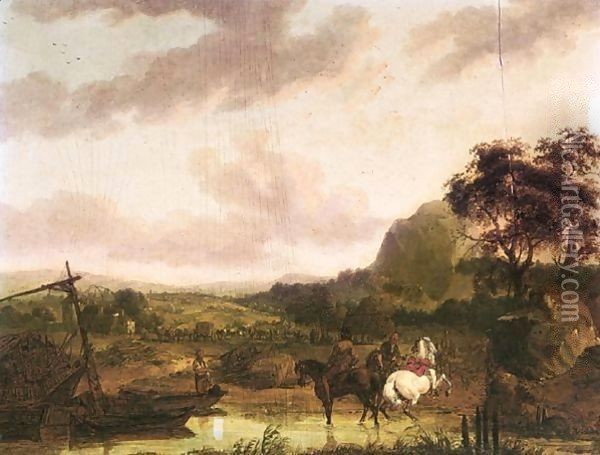 An Italianate Landscape With Horsemen On A River-Bank Oil Painting - Jean Duplessi-Bertaux