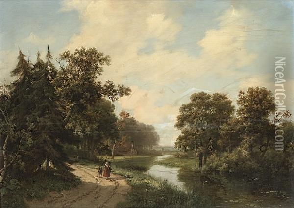 Figures On A Track In A Wooded River Landscape Oil Painting - Marianus Adrianus Koekkoek