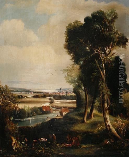 A River Landscape With An Estuary Beyond Oil Painting - Henry Mark Anthony