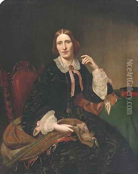 Portrait of a lady, seated three-quarter-length, in a black dress with lace trim, a paisley shawl on her knee Oil Painting - English School