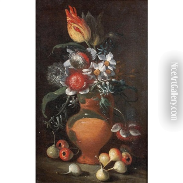 Vase De Fleurs Avec Des Fruits Oil Painting - Luca Forte