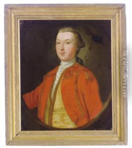 Portrait Of An Officer, Three-quarter Length In A Red Tunic, In Apainted Oval Oil Painting - Allan Ii Ramsay