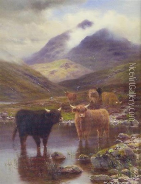 Highland Cattle In Lake And Mountain Landscape Oil Painting - Louis Bosworth Hurt