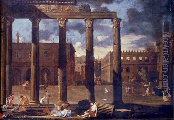 A Classical Architectural Capriccio With A Scene Of The Plague Oil Painting - Thomas Blanchet