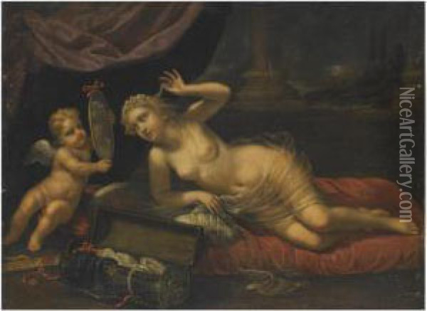 Venus At Her Toilet Accompanied By Cupid Oil Painting - Benedetto Gennari