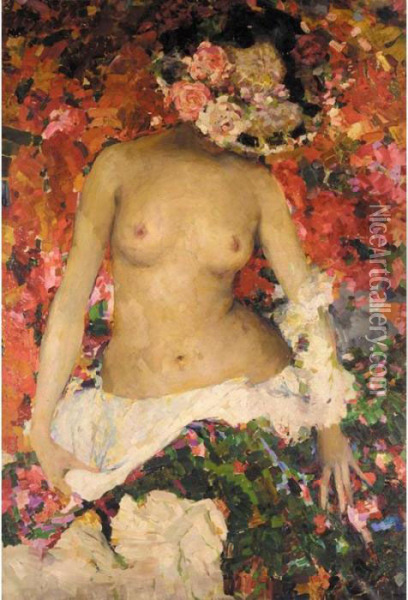 Nude Lady In Floral Hat Oil Painting - Philippe Andreevitch Maliavine