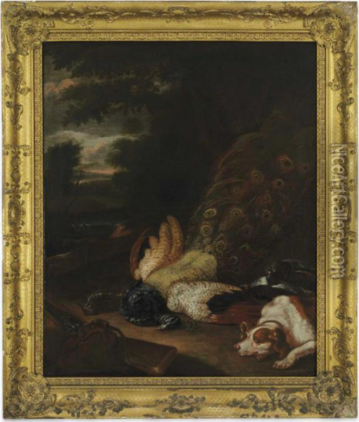 A Spaniel Beside Dead Game In A Landscape Oil Painting - Jan Weenix