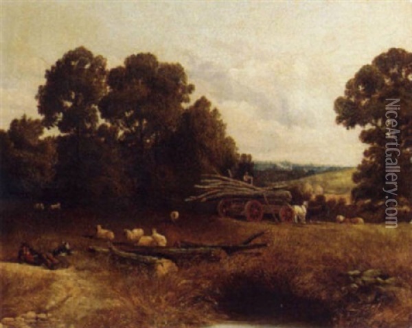 A Shepherd Resting With His Flock With Loggers Beyond Oil Painting - Frederick William Hulme