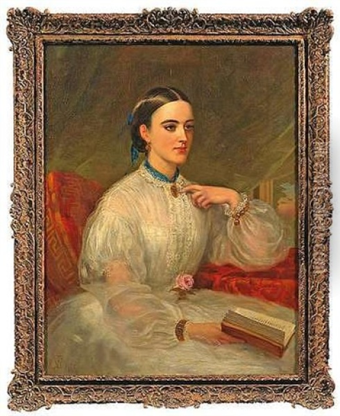 Bildnis Einer Vornehmen Dame Im Weisen Kleid, In Einem Roten Sessel Am Fenster Sitzend Oil Painting - Louis William Desanges