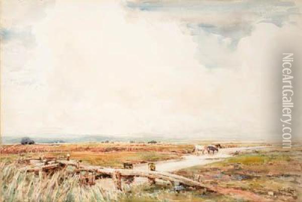 On The Marshes At Danbury In Essex Oil Painting - Claude Hayes