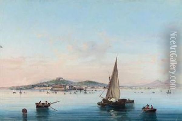 Shipping In A Calm In The Bay Of Naples With Vesuvius Eruptingbeyond Oil Painting - Gioacchino La Pira