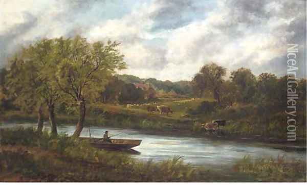 An angler on a boat, with cattle grazing beyond Oil Painting - Edward A. Atkyns