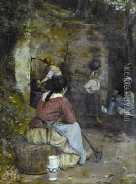 Femme A La Fontaine Oil Painting - Rafael De La Torre Estefania