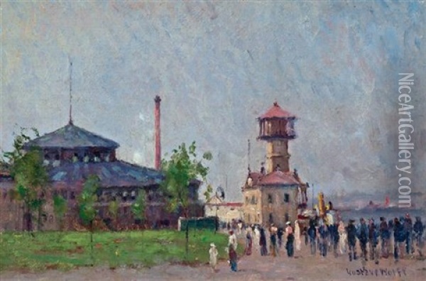 Castle Garden At Battery Park With The Fire Boat Tower Oil Painting - Gustav Wolff