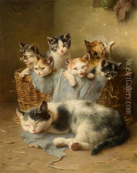 Schlafende Katzenmutter Mit Ihren Jungen In Einem Korb Oil Painting - Carl Reichert