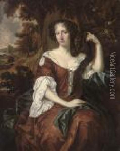 Portrait Of A Lady, 
Three-quarter-length, In A Brown Dress With A Blue Wrap, Seated In An 
Extensive Wooded Landscape Oil Painting - Sir Peter Lely