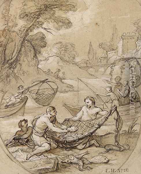 Fishermen drawing their Nets, with figures on a boat in the background Oil Painting - Charles Joseph Natoire