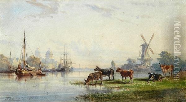 Cattle Grazing At The Water's Edge With Shipping And City Beyond Oil Painting - Alfred Napoleon Delaunois