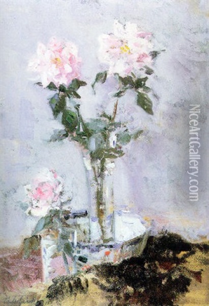 Pink Roses In A Glass Vase Oil Painting - Francis Campbell Boileau Cadell