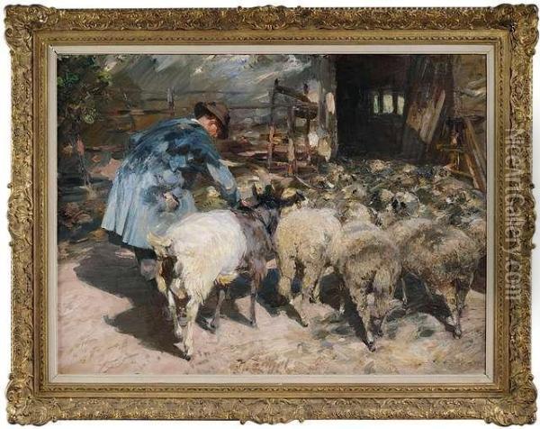 In Front Of A Sheep Shelter Oil Painting - Heinrich Johann Von Zugel