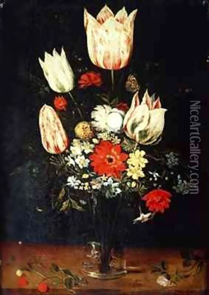 Flowers in a Glass Vase on a Ledge Oil Painting - Peter Binoit