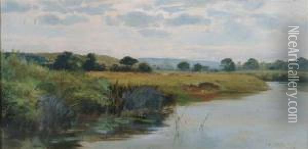Cattle Grazing On The Banks Of A River Oil Painting - A. Lee Rogers