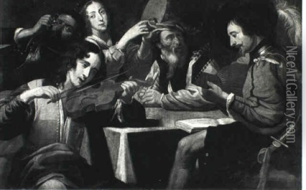 Concert Of Four Musicians With A Man Drinking A Glass Of    Wine Oil Painting - Valentin De Boulogne