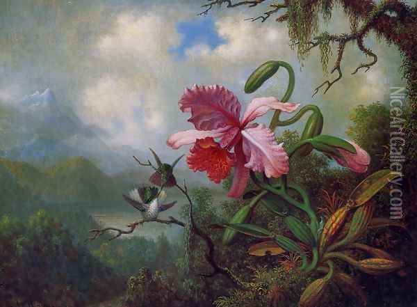 Orchid And Hummingbirds Near A Mountain Lake Oil Painting - Martin Johnson Heade