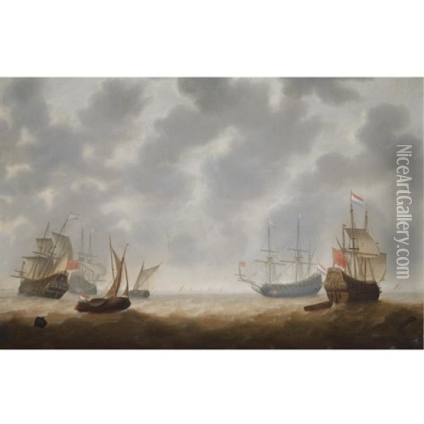 Four Galley Frigates And Two Smallships In Choppy Seas, Shipping At The Horizon Oil Painting - Jacob Adriaenz. Bellevois